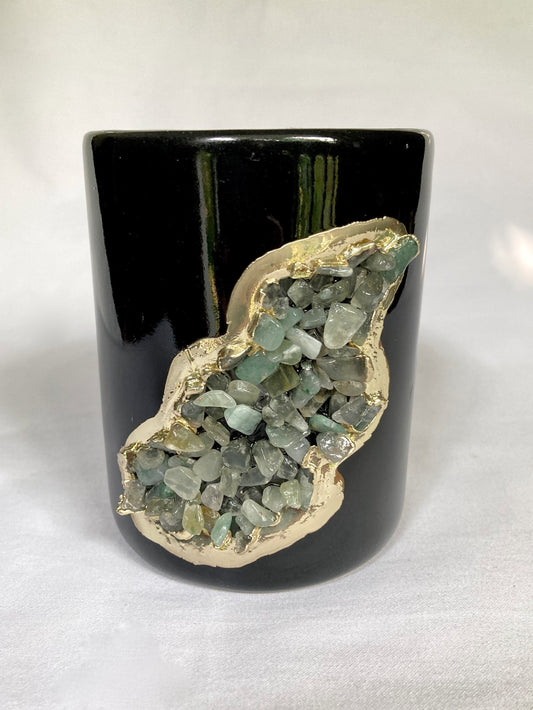 Set of 2 |Black and Gold Ceramic Vase/Planter/Pot/Wine Goblet/Mug/Pen/Pencil Stand with Light Green Semi-precious Agate Crystal Gemstones