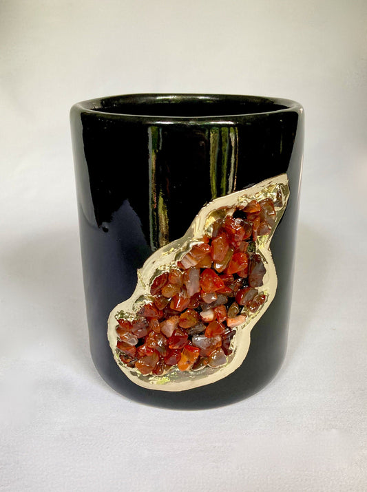 Set of 2 |Black and Gold Ceramic Vase/Planter/Pot/Wine Goblet/Mug/Pen/Pencil Stand with Red Semi-precious Agate Crystal Gemstones