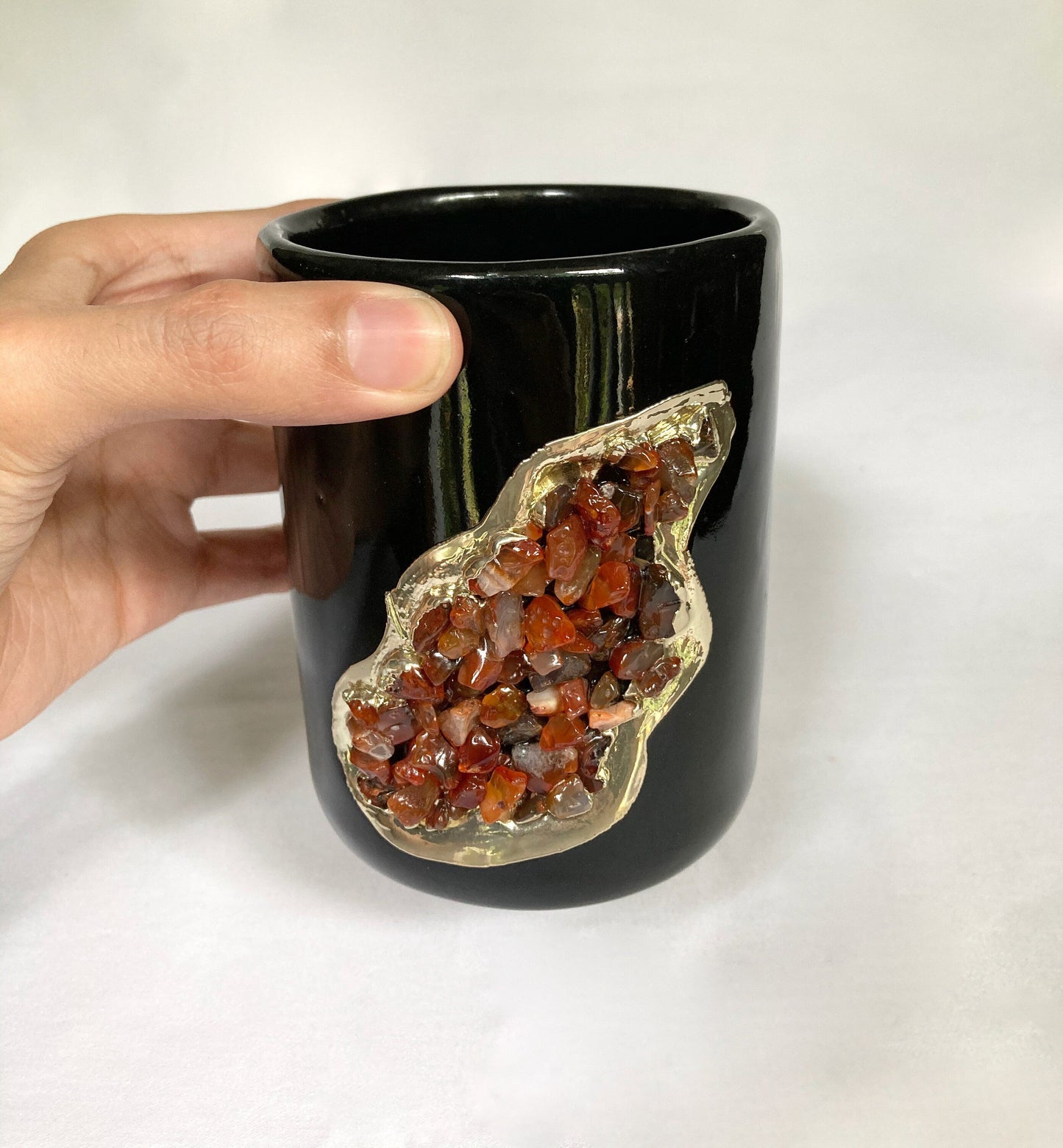 Set of 2 |Black and Gold Ceramic Vase/Planter/Pot/Wine Goblet/Mug/Pen/Pencil Stand with Red Semi-precious Agate Crystal Gemstones