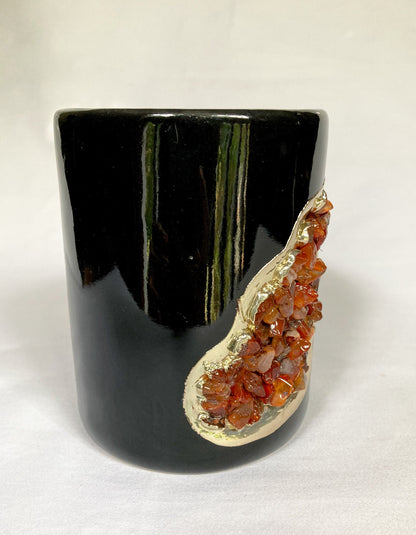 Set of 2 |Black and Gold Ceramic Vase/Planter/Pot/Wine Goblet/Mug/Pen/Pencil Stand with Red Semi-precious Agate Crystal Gemstones
