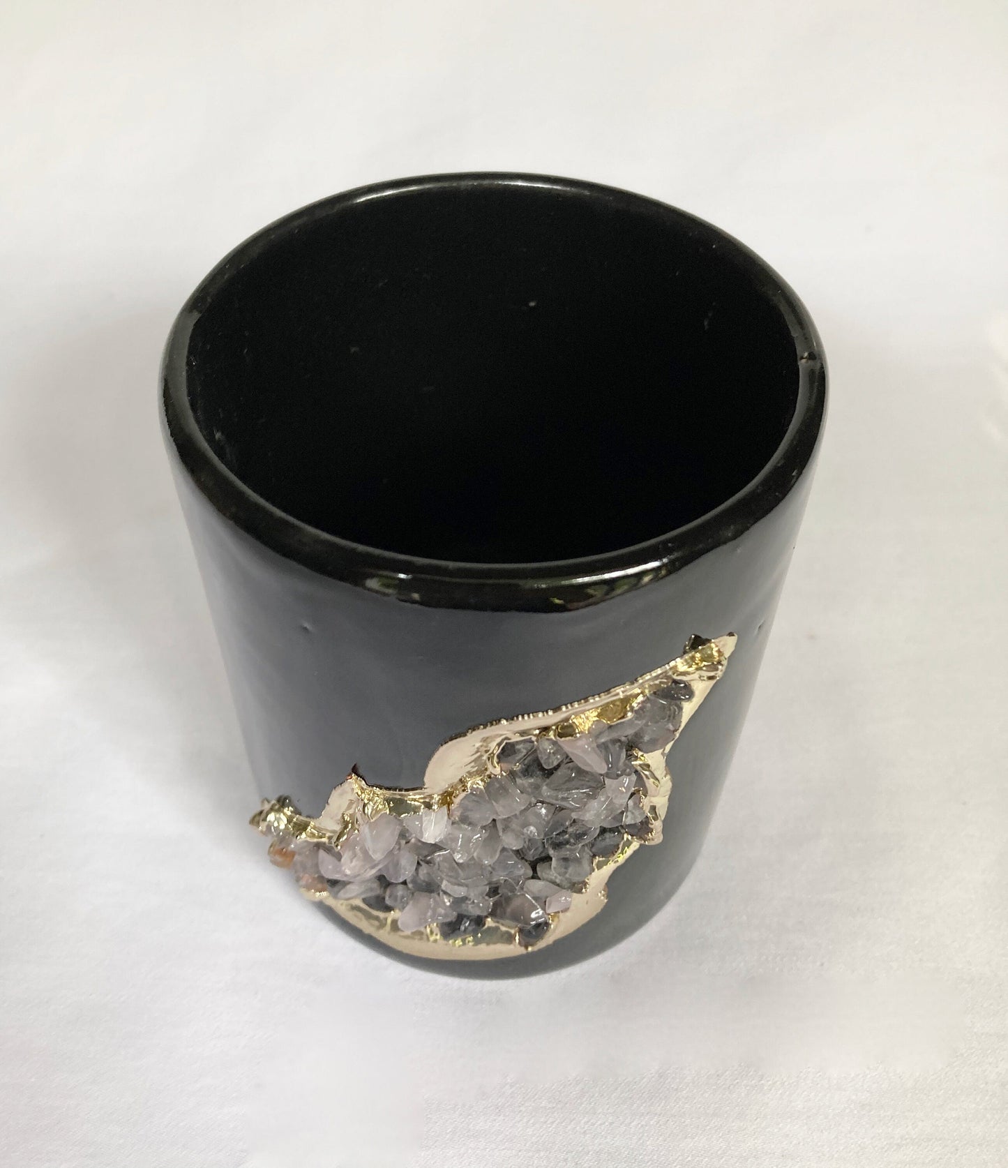 Black & Gold Ceramic Vase with Amethyst Accents