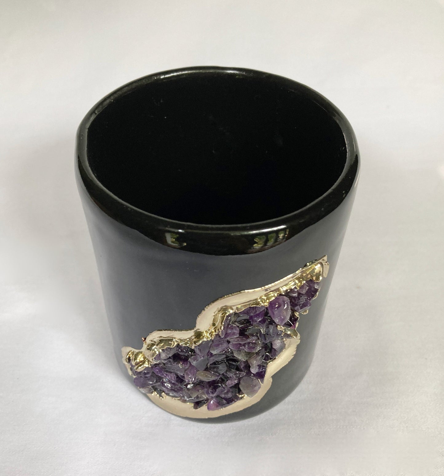 Black and Gold Ceramic Vase/Planter/Pot/Wine Goblet/Mug/Pen/Pencil Stand with Purple Amethyst Semi-precious Agate Crystal Gemstones