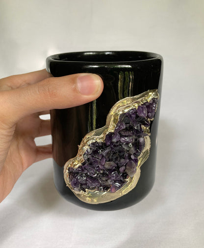 Black and Gold Ceramic Vase/Planter/Pot/Wine Goblet/Mug/Pen/Pencil Stand with Purple Amethyst Semi-precious Agate Crystal Gemstones