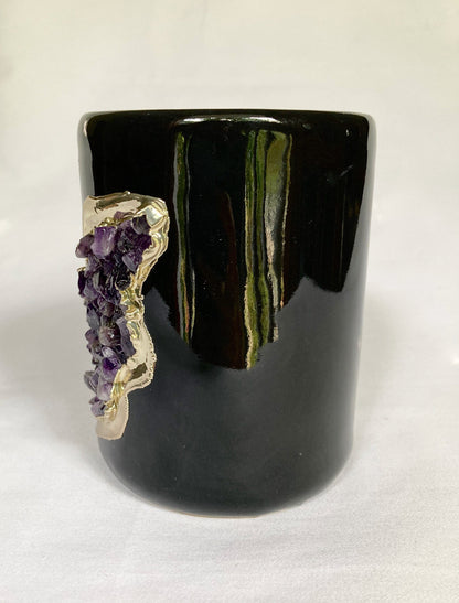 Black and Gold Ceramic Vase/Planter/Pot/Wine Goblet/Mug/Pen/Pencil Stand with Purple Amethyst Semi-precious Agate Crystal Gemstones