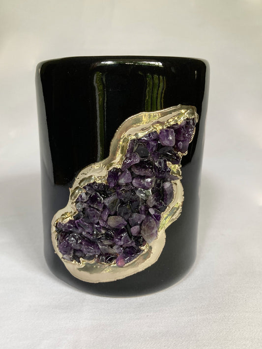 Black and Gold Ceramic Vase/Planter/Pot/Wine Goblet/Mug/Pen/Pencil Stand with Purple Amethyst Semi-precious Agate Crystal Gemstones
