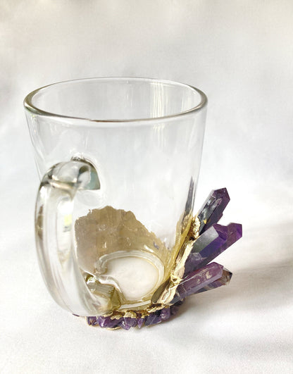 Set of 2 |Crystal Glass Coffee/Tea/Juice Mugs with Gold Plated Purple Amethyst Agate Semi-precious Crystals | 11 oz/320 ml