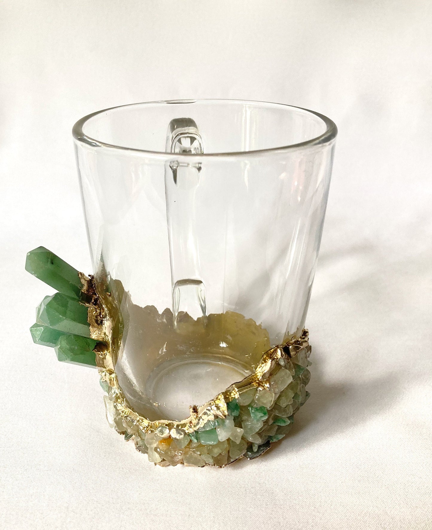 Set of 2 |Crystal Glass Coffee/Tea/Juice Mugs with Gold Plated Green Agate Semi-precious Crystals | 11 oz/320 ml