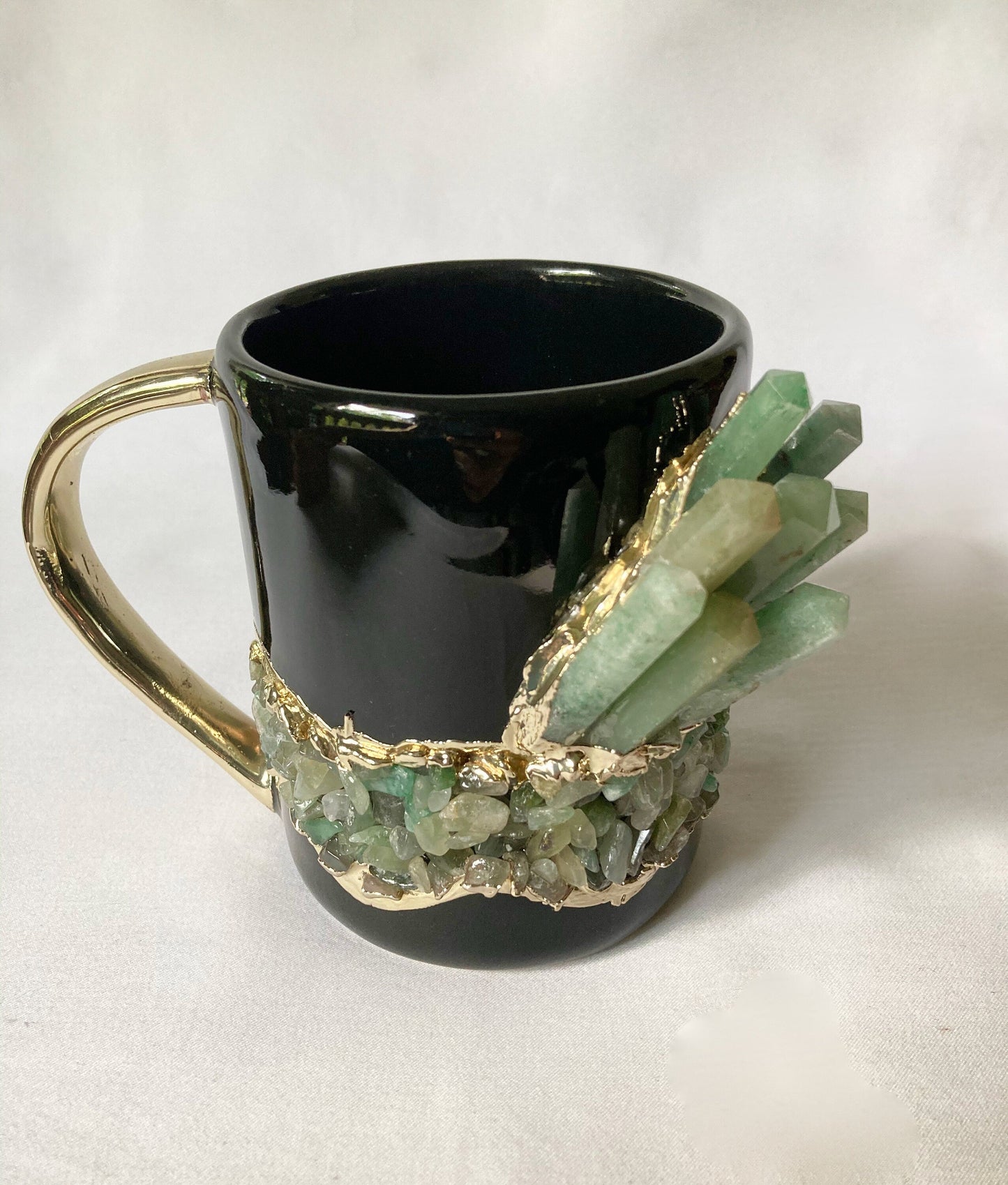Set of 2 |Black and Gold Ceramic Big Coffee/Tea/Juice/Beverage Mug with Green Semi-precious Agate Crystal | 12 oz/355 ml