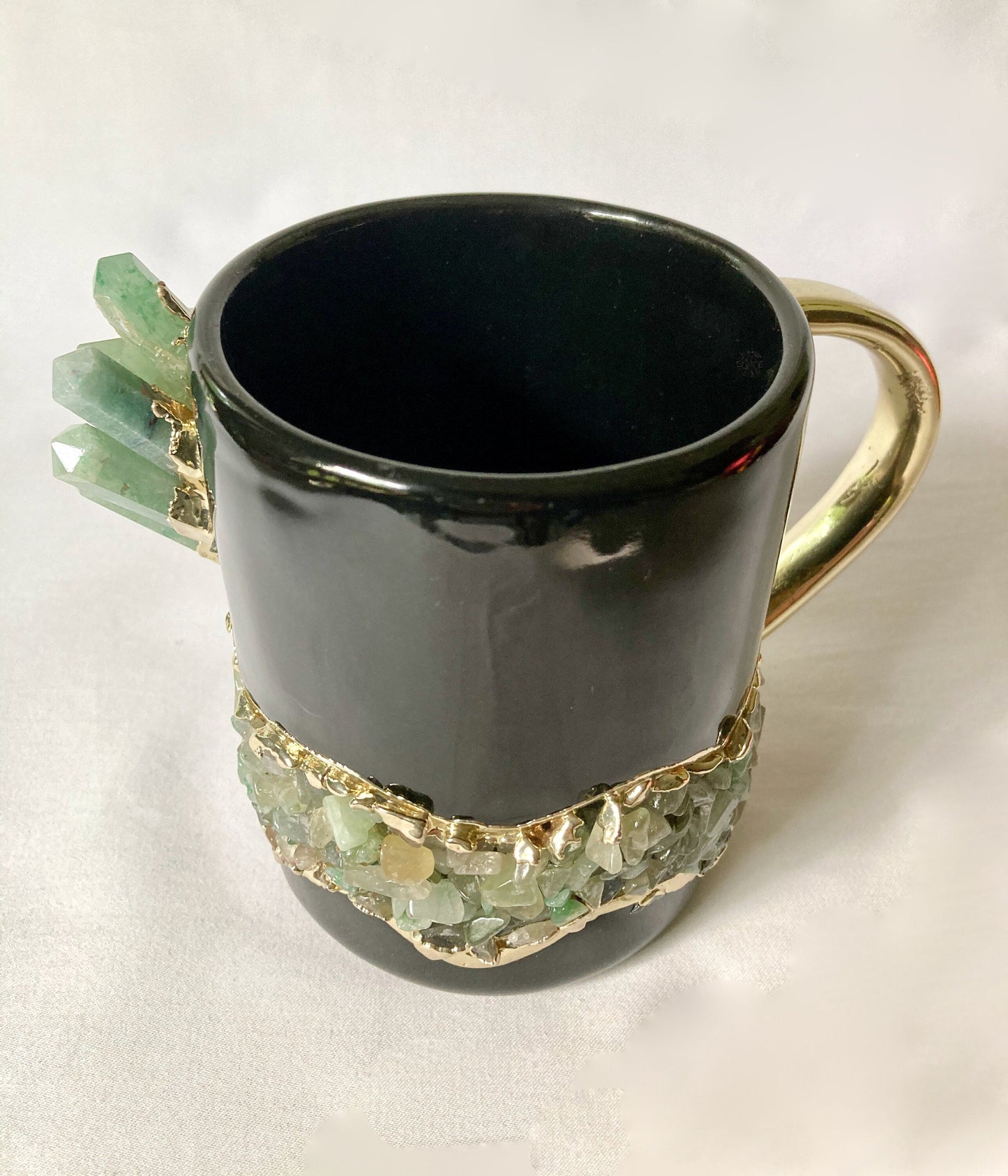 Set of 2 |Black and Gold Ceramic Big Coffee/Tea/Juice/Beverage Mug with Green Semi-precious Agate Crystal | 12 oz/355 ml