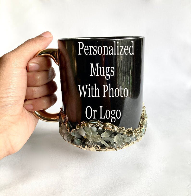 Set of 2 |Personalised Black and Gold Ceramic Big Coffee/Tea/Juice/Beverage Mug with Light Green Semi-precious Agate Crystal | 13 oz/385ml