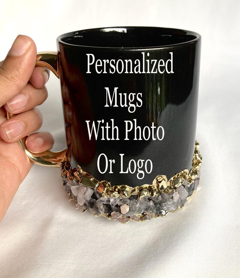 Set of 2| Personalised Black, Gold Ceramic Big Coffee/Tea/Juice/Beverage Mug,Rose Quartz Semi-precious Agate Crystal Gemstones | 13 oz/385ml