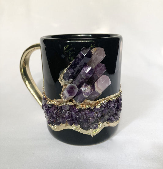 Set of 2 |Black and Gold Ceramic Big Coffee/Tea/Juice/Beverage Mug with Purple Amethyst Semi-precious Agate Crystal Gemstones | 12 oz/355 ml