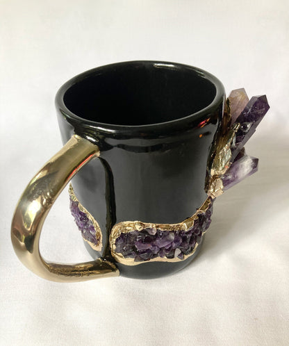 Black & Gold Ceramic Mugs with Amethyst (Set of 2)