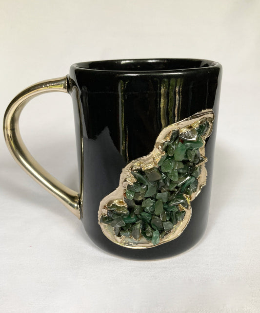 Set of 2 |Black and Gold Ceramic Big Coffee/Tea/Juice/Beverage Mug with Dark Green Semi-precious Agate Crystal | 12 oz/355 ml
