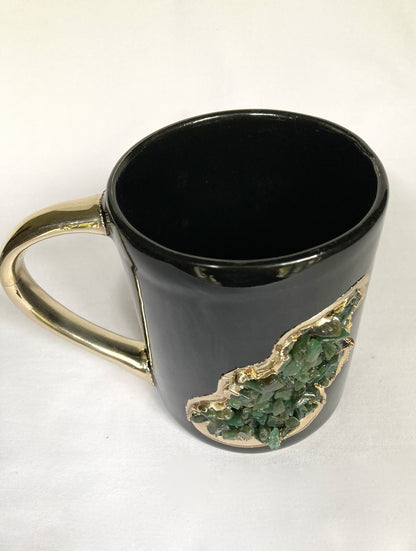 Set of 2 |Black and Gold Ceramic Big Coffee/Tea/Juice/Beverage Mug with Dark Green Semi-precious Agate Crystal | 12 oz/355 ml