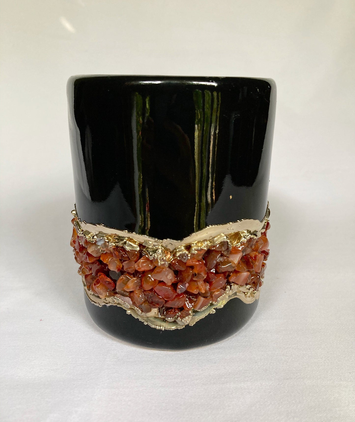 Set of 2 |Black and Gold Ceramic Big Coffee/Tea/Juice/Beverage Mug with Red Semi-precious Agate Crystal | 12 oz/355 ml