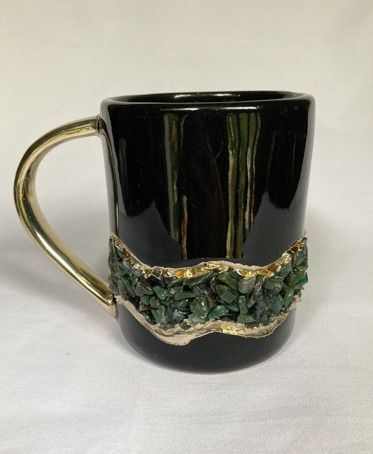 Set of 2 |Set of 2 | Black and Gold Ceramic Big Coffee/Tea/Juice/Beverage Mug with Dark Green Semi-precious Agate Crystal | 12 oz/355 ml