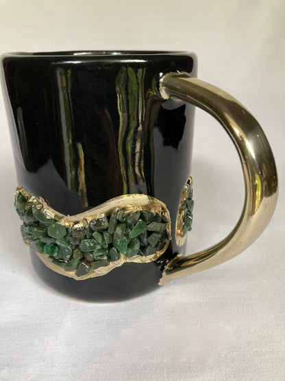 Set of 2 |Set of 2 | Black and Gold Ceramic Big Coffee/Tea/Juice/Beverage Mug with Dark Green Semi-precious Agate Crystal | 12 oz/355 ml