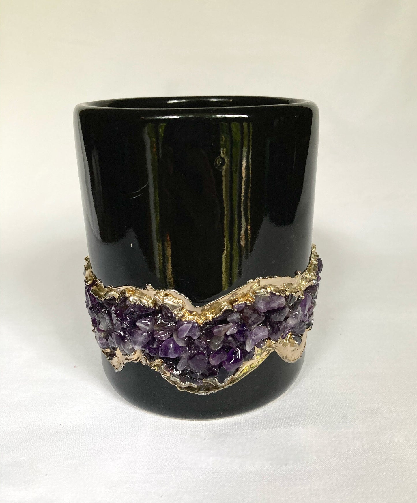 Set of 2 |Black and Gold Ceramic Big Coffee/Tea/Juice/Beverage Mug with Amethyst Semi-precious Agate Crystal | 12 oz/355 ml