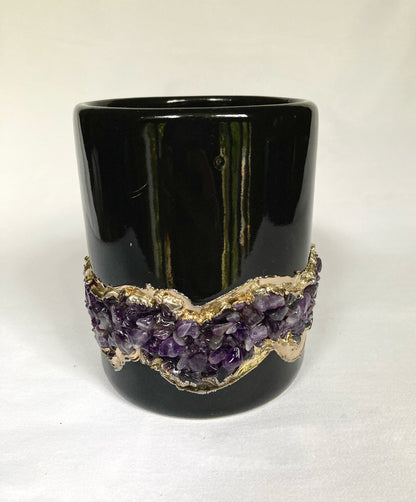Set of 2 |Black and Gold Ceramic Big Coffee/Tea/Juice/Beverage Mug with Amethyst Semi-precious Agate Crystal | 12 oz/355 ml