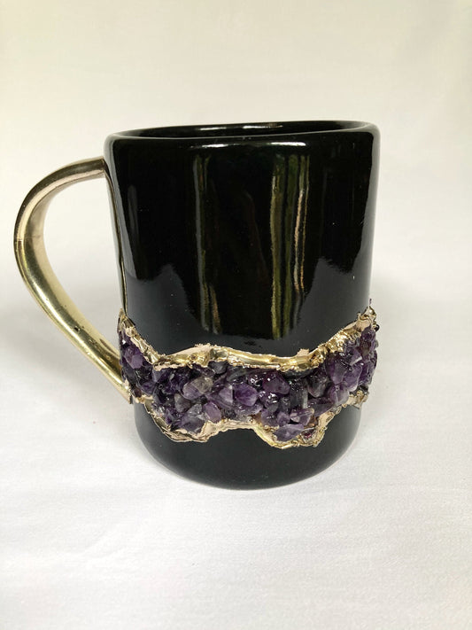Set of 2 |Black and Gold Ceramic Big Coffee/Tea/Juice/Beverage Mug with Amethyst Semi-precious Agate Crystal | 12 oz/355 ml