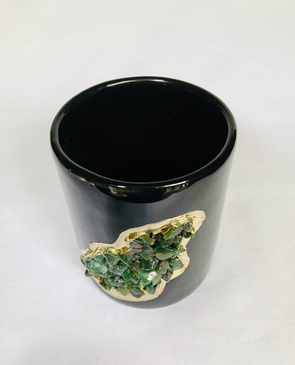 Set of 2 |Black and Gold Ceramic Vase/Planter/Pot/Wine Goblet/Mug/Pen/Pencil Stand with Dark Green Semi-precious Agate Crystal Gemstones