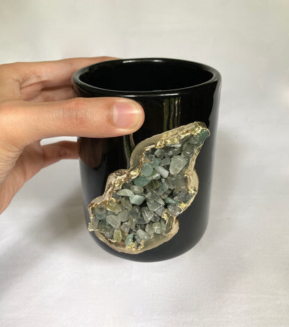 Set of 2 |Black and Gold Ceramic Vase/Planter/Pot/Wine Goblet/Mug/Pen/Pencil Stand with Light Green Semi-precious Agate Crystal Gemstones