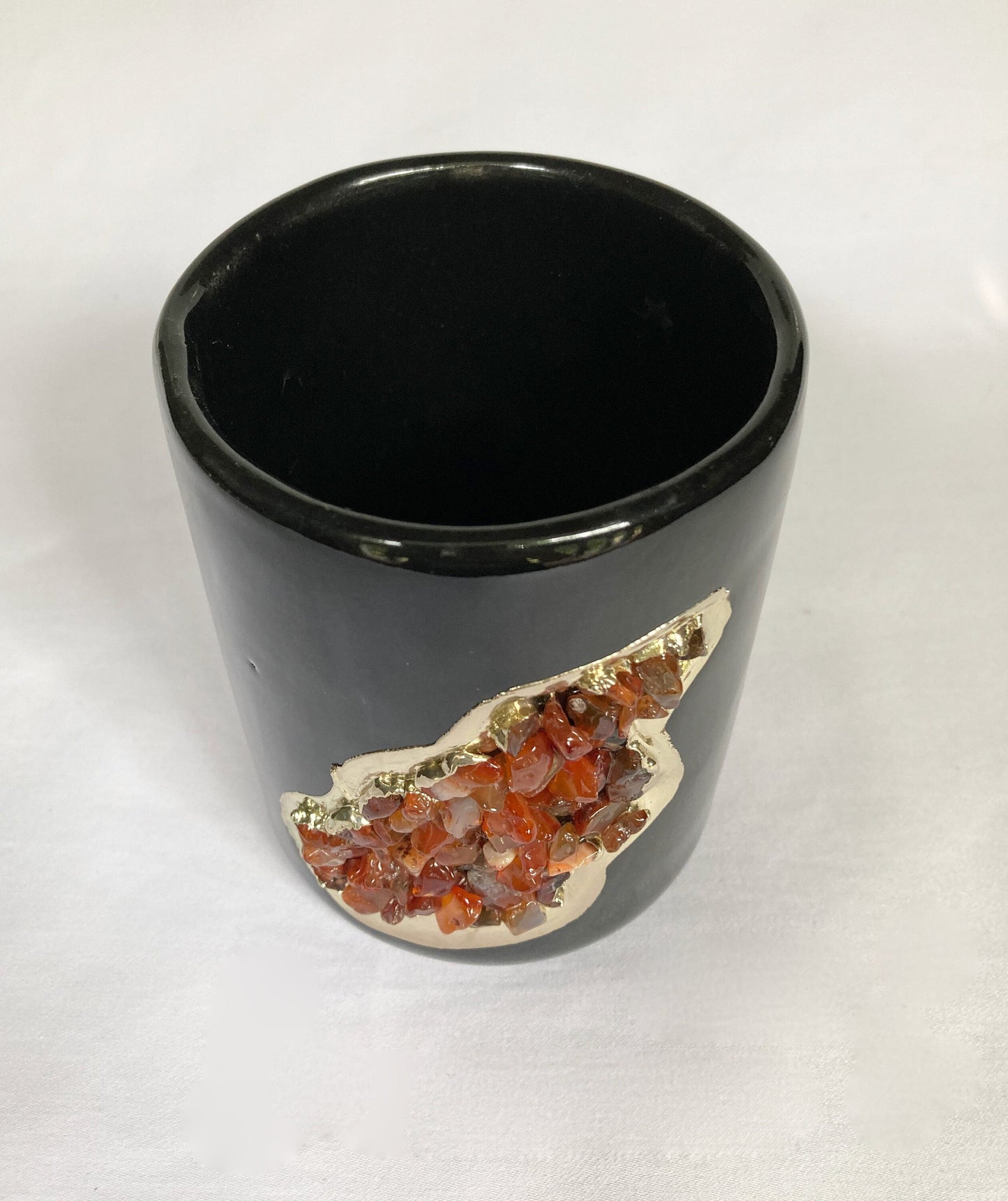 Set of 2 |Black and Gold Ceramic Vase/Planter/Pot/Wine Goblet/Mug/Pen/Pencil Stand with Red Semi-precious Agate Crystal Gemstones