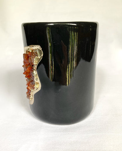 Set of 2 |Black and Gold Ceramic Vase/Planter/Pot/Wine Goblet/Mug/Pen/Pencil Stand with Red Semi-precious Agate Crystal Gemstones