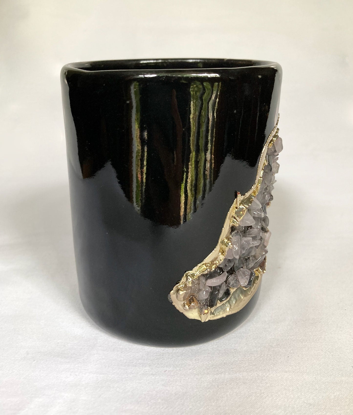 Black & Gold Ceramic Vase with Amethyst Accents