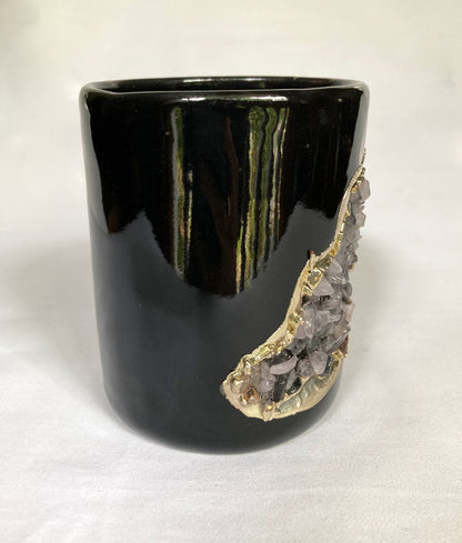 Black & Gold Ceramic Vase with Amethyst Accents