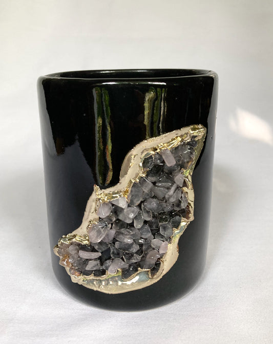 Set of 2 |Black and Gold Ceramic Vase/Planter/Pot/Wine Goblet/Mug/Pen/Pencil Stand with Rose Quartz Semi-precious Agate Crystal Gemstones