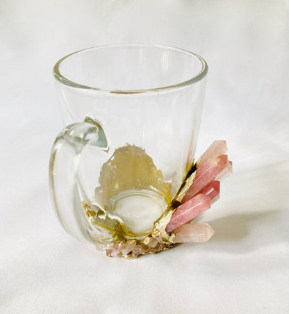 Set of 2 |Crystal Glass Coffee/Tea/Juice Mugs with Gold Plated Rose Quartz Agate Semi-precious Crystals | 11 oz/320 ml