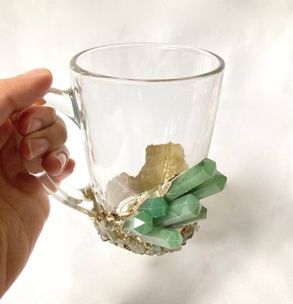 Set of 2 |Crystal Glass Coffee/Tea/Juice Mugs with Gold Plated Green Agate Semi-precious Crystals | 11 oz/320 ml