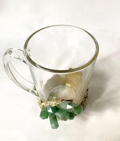 Set of 2 |Crystal Glass Coffee/Tea/Juice Mugs with Gold Plated Green Agate Semi-precious Crystals | 11 oz/320 ml