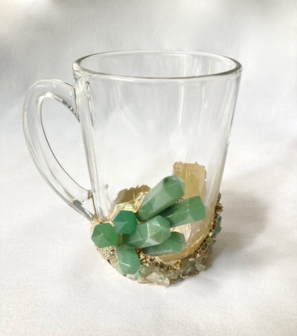 Set of 2 |Crystal Glass Coffee/Tea/Juice Mugs with Gold Plated Green Agate Semi-precious Crystals | 11 oz/320 ml