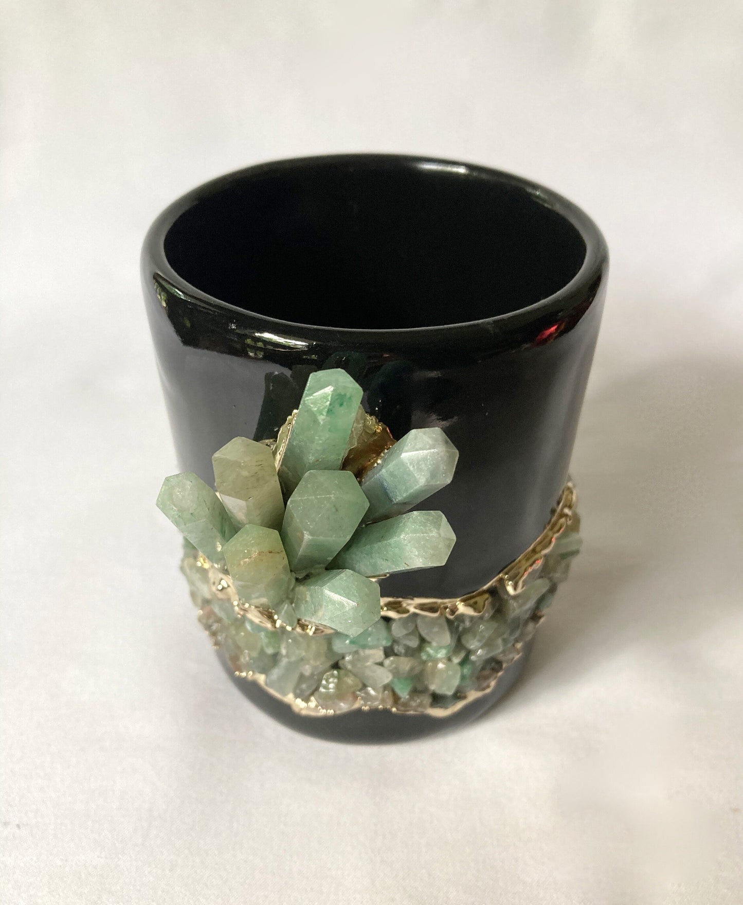 Set of 2 |Black and Gold Ceramic Big Coffee/Tea/Juice/Beverage Mug with Green Semi-precious Agate Crystal | 12 oz/355 ml
