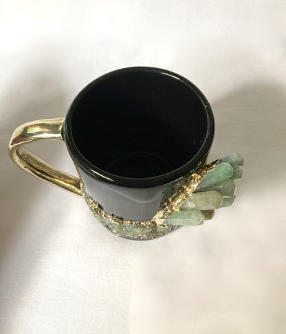Set of 2 |Black and Gold Ceramic Big Coffee/Tea/Juice/Beverage Mug with Green Semi-precious Agate Crystal | 12 oz/355 ml