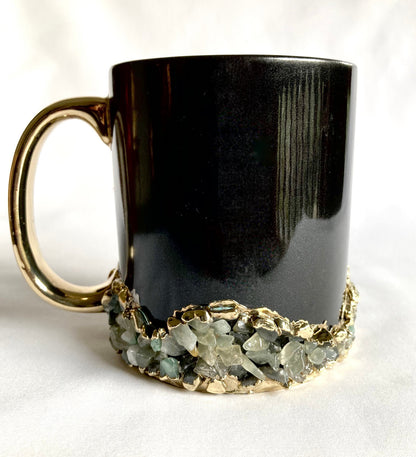 Set of 2 |Personalised Black and Gold Ceramic Big Coffee/Tea/Juice/Beverage Mug with Light Green Semi-precious Agate Crystal | 13 oz/385ml