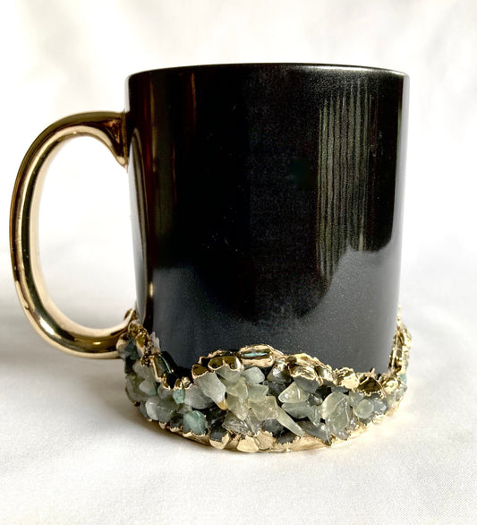 Set of 2 |Personalised Black and Gold Ceramic Big Coffee/Tea/Juice/Beverage Mug with Light Green Semi-precious Agate Crystal | 13 oz/385ml