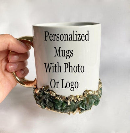 Set of 2| Personalised White ,Gold Ceramic Big Coffee/Tea/Juice/Beverage Mug, Dark Green Semi-precious Agate Crystal Gemstones | 13 oz/385ml