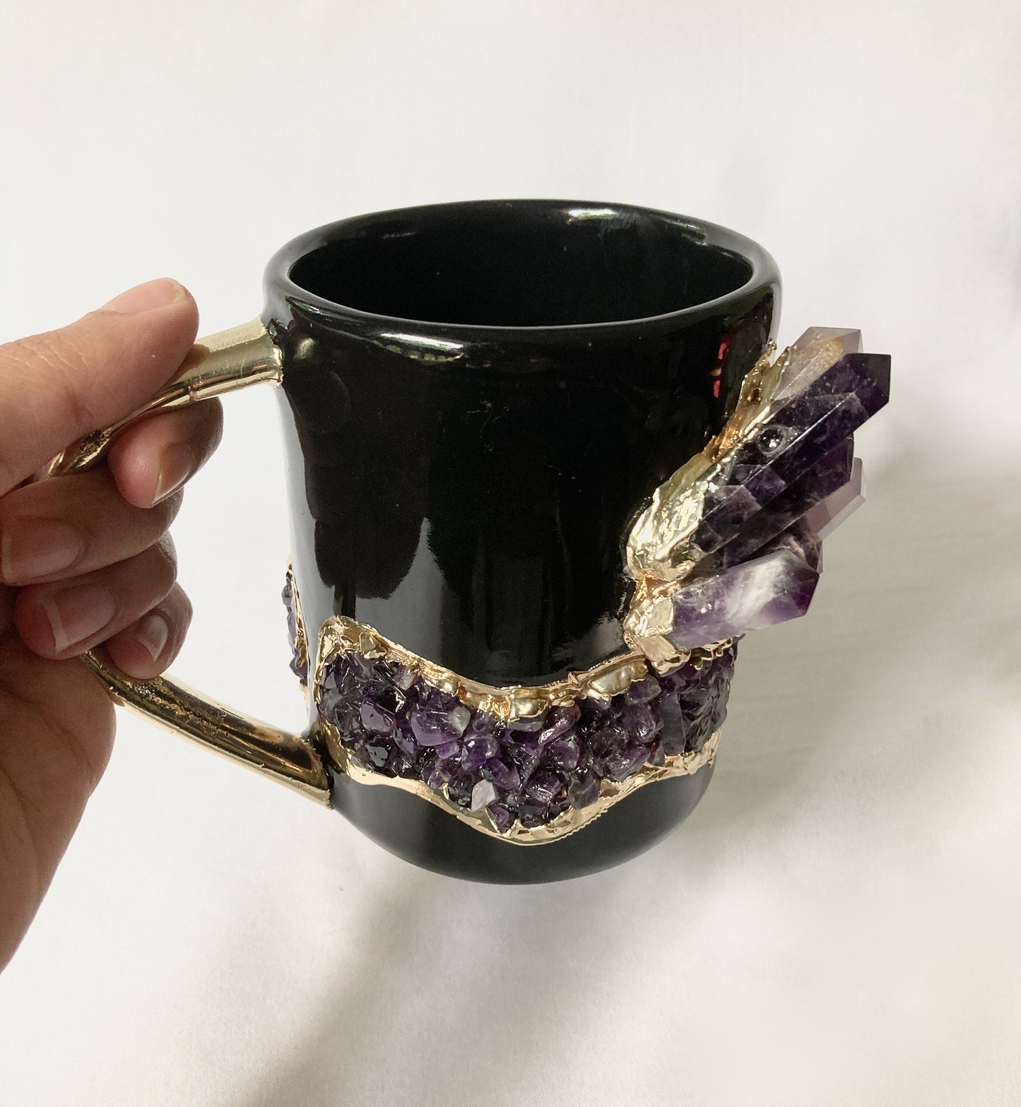 Black & Gold Ceramic Mugs with Amethyst (Set of 2)