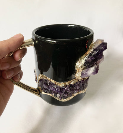 Black & Gold Ceramic Mugs with Amethyst (Set of 2)