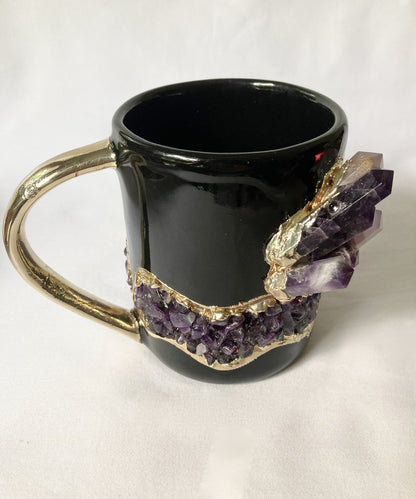 Black & Gold Ceramic Mugs with Amethyst (Set of 2)