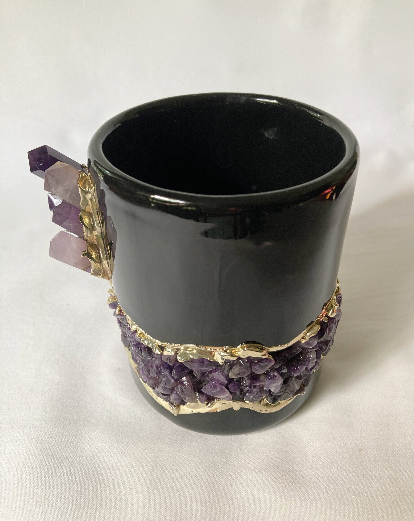 Black & Gold Ceramic Mugs with Amethyst (Set of 2)