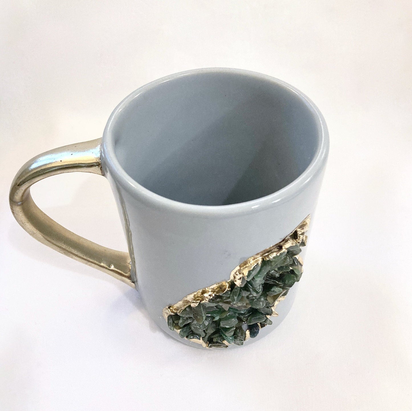 Set of 2 |Personalised Grey and Gold Ceramic Big Coffee/Tea/Juice/Beverage Mug with Dark Green Semi-precious Agate Crystal  | 12 oz/355ml