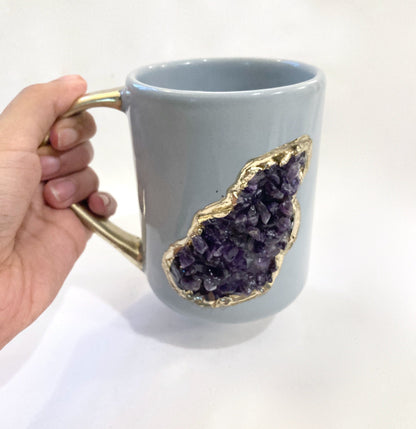 Set of 2 |Personalised Grey, Gold Ceramic Big Coffee/Tea/Juice/Beverage Mug,  Amethyst Semi-precious Agate Crystal Gemstones | 12 oz/355ml