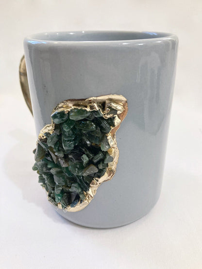 Set of 2 |Personalised Grey and Gold Ceramic Big Coffee/Tea/Juice/Beverage Mug with Dark Green Semi-precious Agate Crystal  | 12 oz/355ml