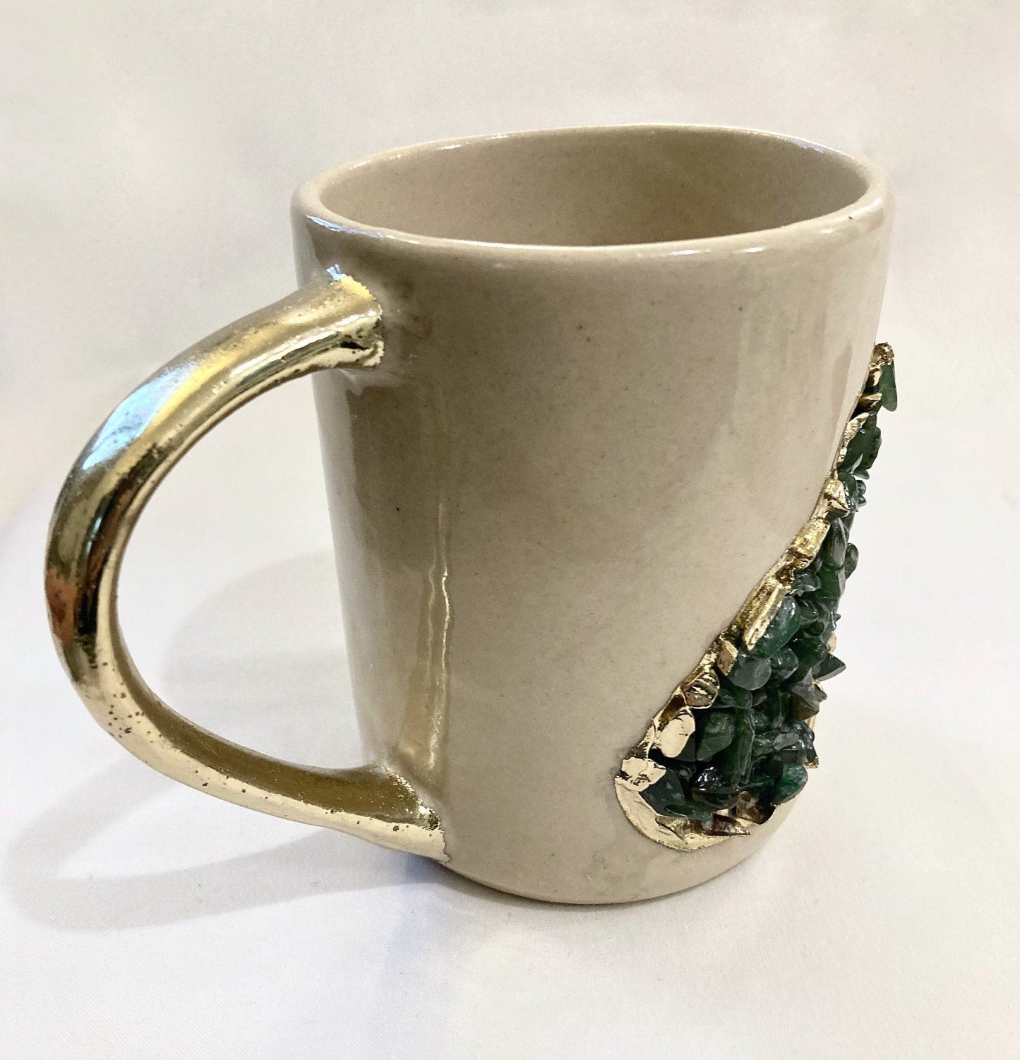 Set of 2 | Personalised Cream, Gold Ceramic Big Coffee/Tea/Juice/Beverage Mug, Dark Green Semi-precious Agate Crystal Gemstones| 12 oz/355ml