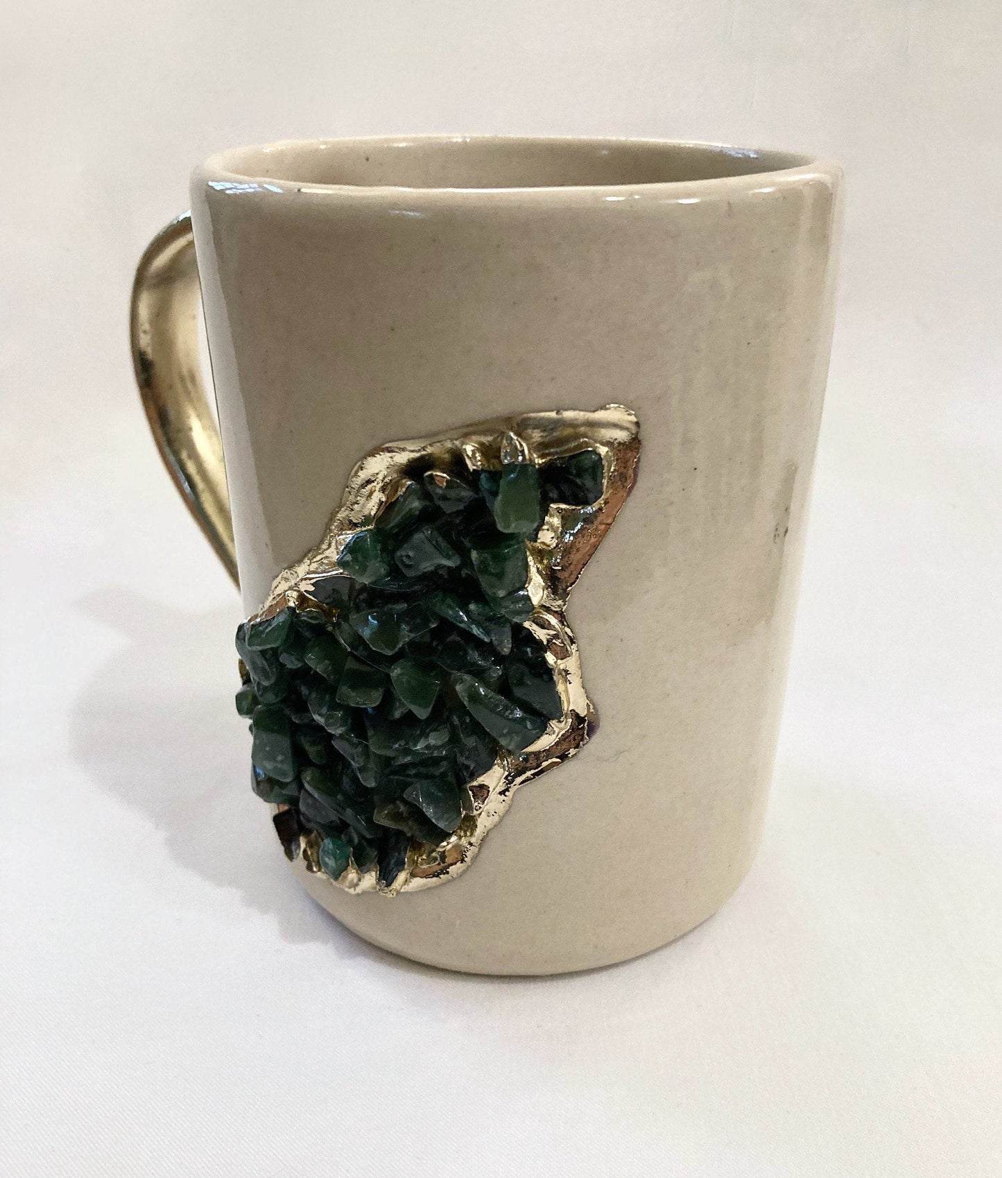 Set of 2 | Personalised Cream, Gold Ceramic Big Coffee/Tea/Juice/Beverage Mug, Dark Green Semi-precious Agate Crystal Gemstones| 12 oz/355ml